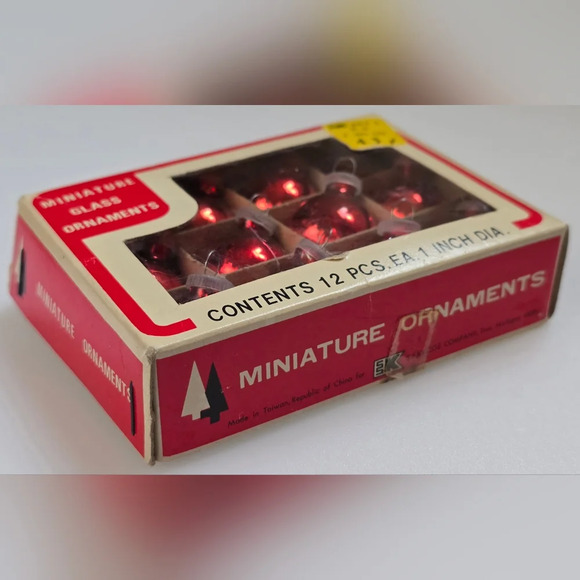 Vintage Box of 12 Miniature Red Glass Ornaments from S.S. Kresge Kmart Pre-1977 - Picture 2 of 6